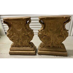 Vtg Mid 20th Century Plaster Gold Leaf Flying Gryphon Ornate Pedestals For Table